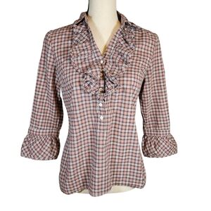 Zoe D. 100%Cotton Plaid Ruffle Top, Brown Plaid, Small